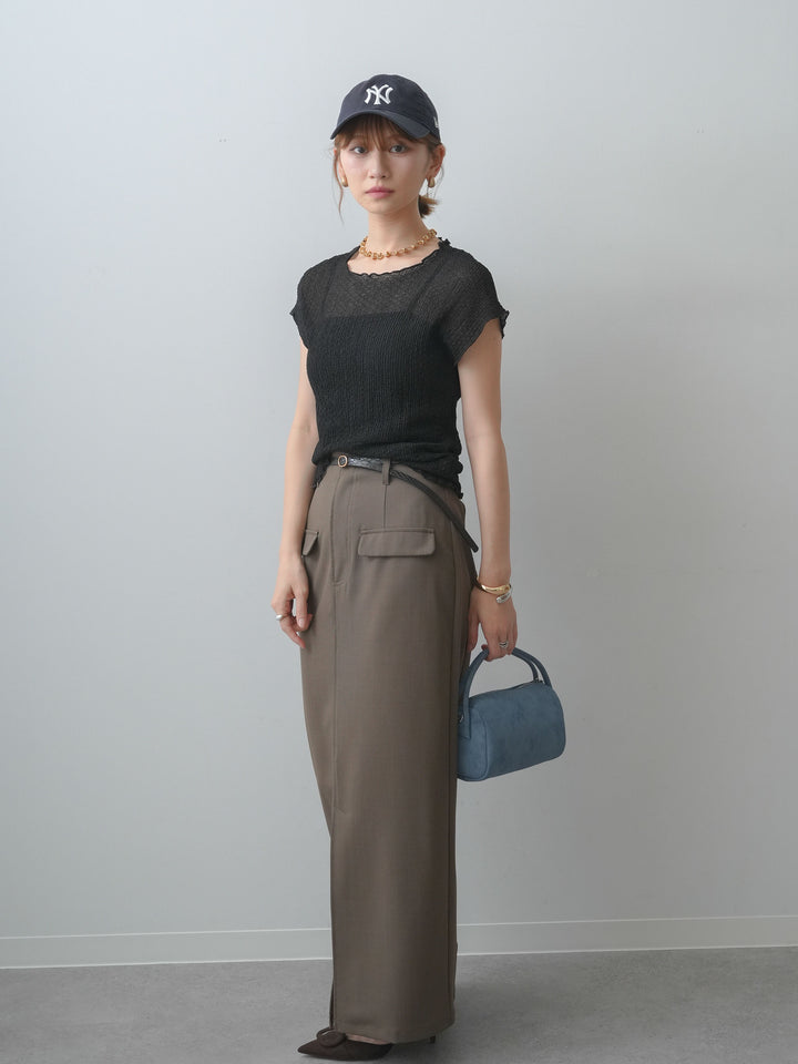 [SET]シャーリングシアーバックオープンフレンチトップス+クレープデシンフラップ付きストレートスカート(2set)