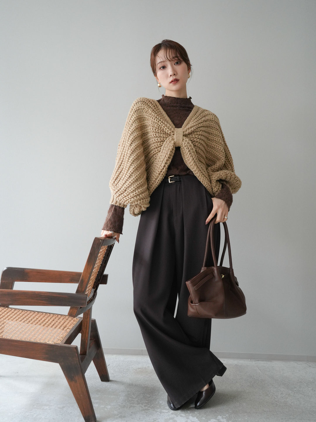 [SET]ローゲージ畦編みドルマンニットボレロ+起毛レースプチネックトップス(2set)