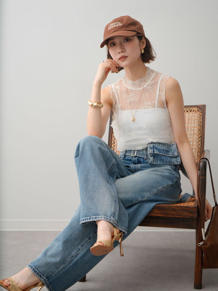 [予約]シースルーストレッチレースノースリトップス/white