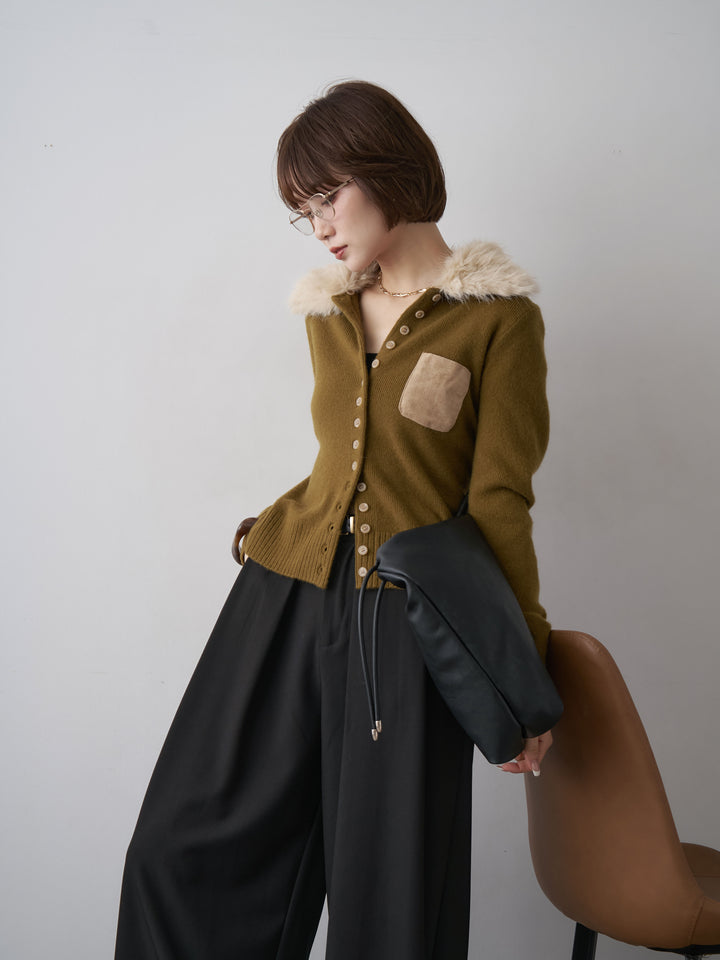 [SET]デタッチャブルファーカラーニットカーディガン+ベルトループデザインワイドパンツ(2set)