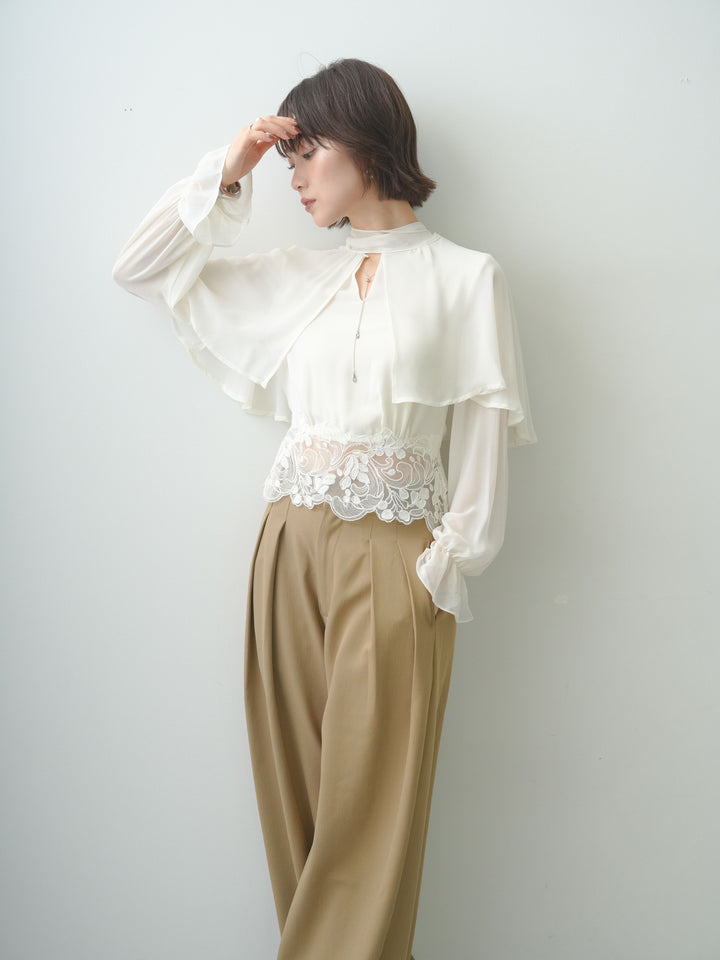 【預購】蕾絲下擺披肩式薄紗襯衫/象牙色