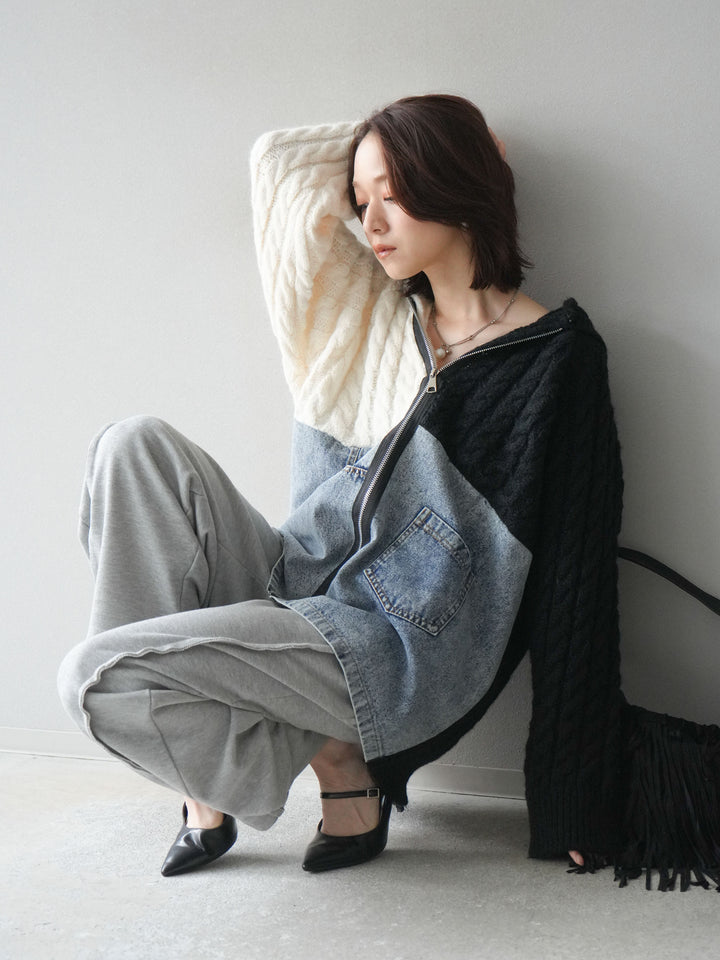 [予約]デニム×バイカラーニットZIPフーディ/black
