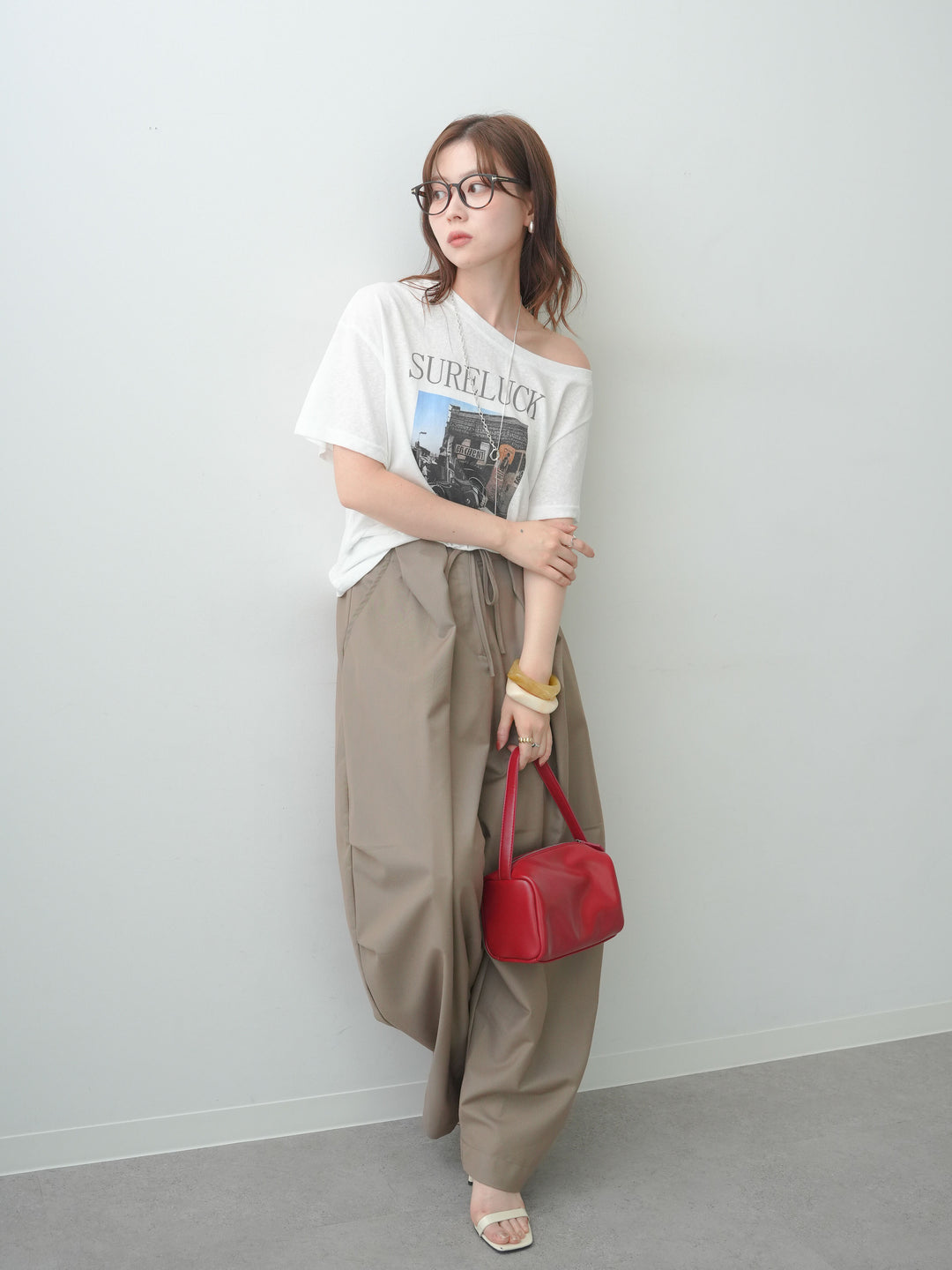 [SET]ワイドネックプリントTEE+ベルトループカーブタックワイドパンツ(2set)