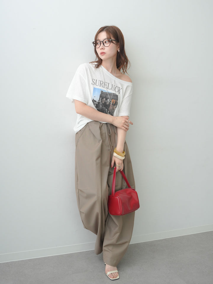[SET]ワイドネックプリントTEE+ベルトループカーブタックワイドパンツ(2set)