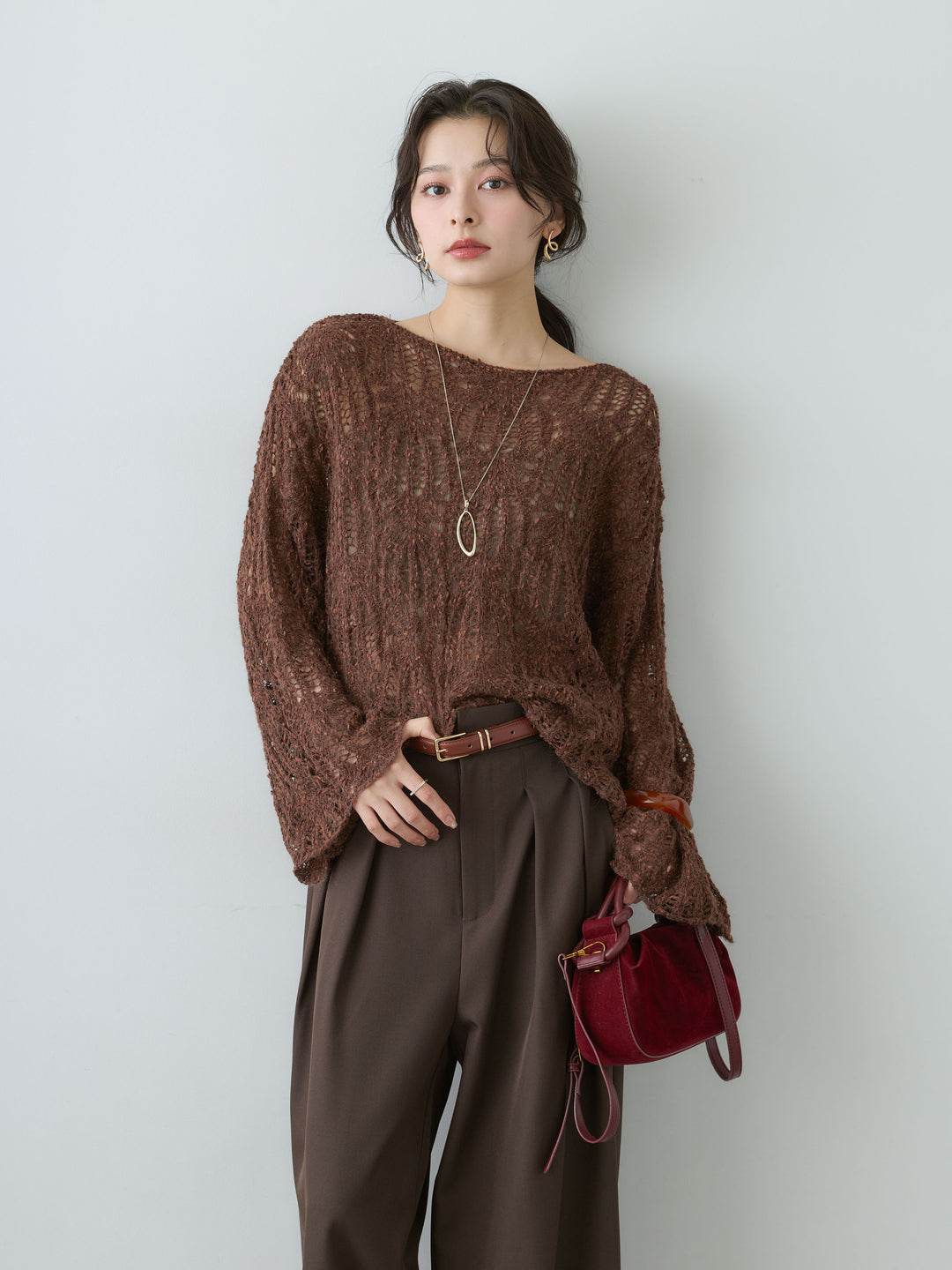 [予約]ミックスループ透かし編みニットトップス/brown