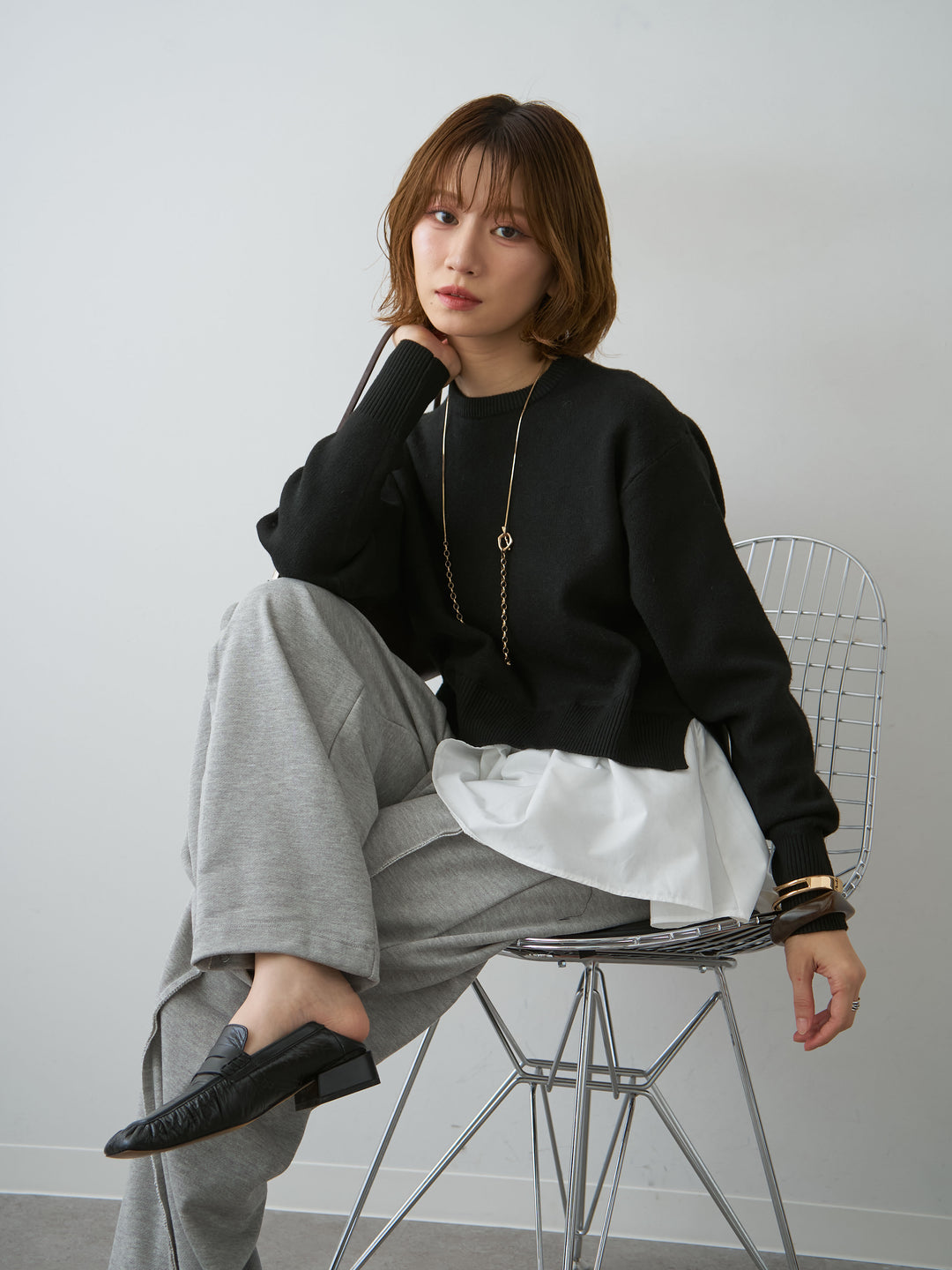 [SET]アシンメトリーシャツレイヤードニットプルオーバー+2WAYデザインスウェットパンツ(2set)