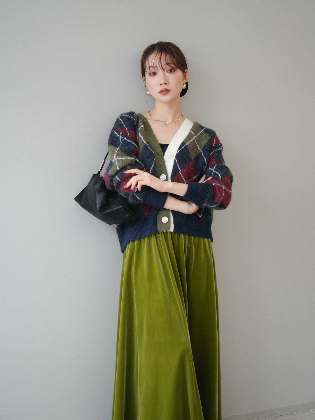 [予約]配色アーガイル柄ニットカーディガン/green
