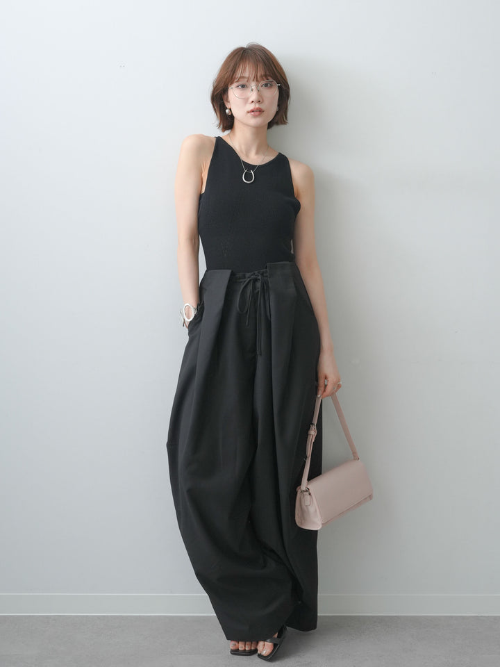 [SET]バックスリットニットタンクトップ+ベルトループカーブタックワイドパンツ(2set)