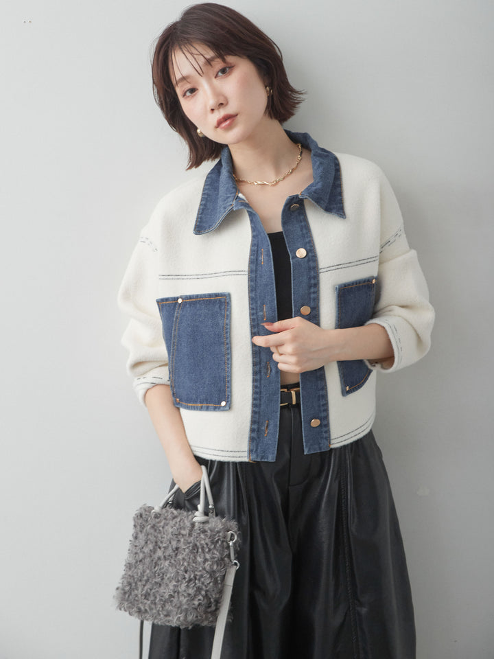 [SET]デニムコンビスムースニットジャケット+フェイクレザーワイドパンツ(2set)