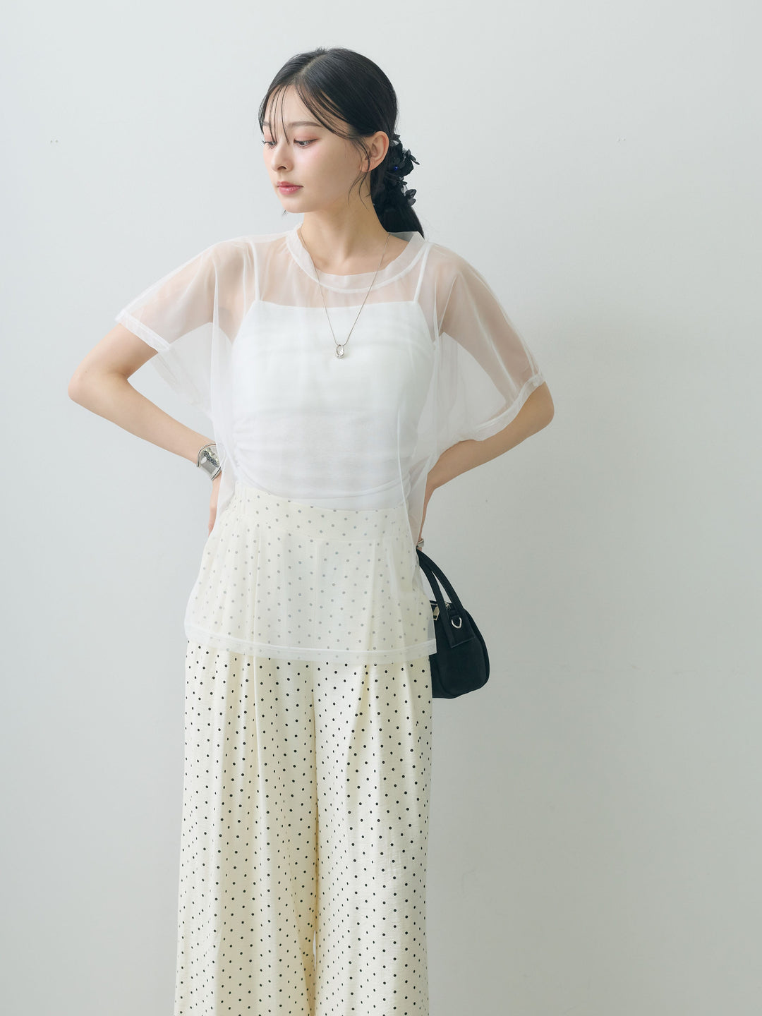 [SET]インナーキャミ付シアーオーバーTEE+ドットワイドイージーパンツ(2set)