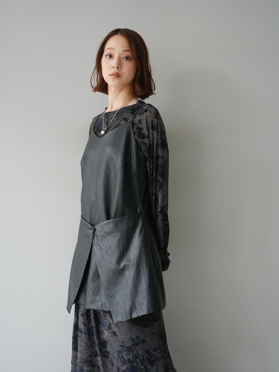 [予約]レイヤードレザーキャミソールチュニック/ブラック