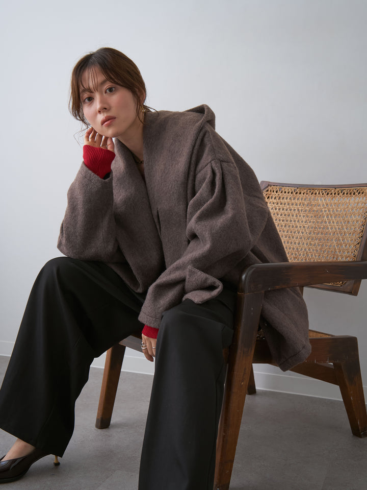 [予約]フードマフ付メランジコート/brown
