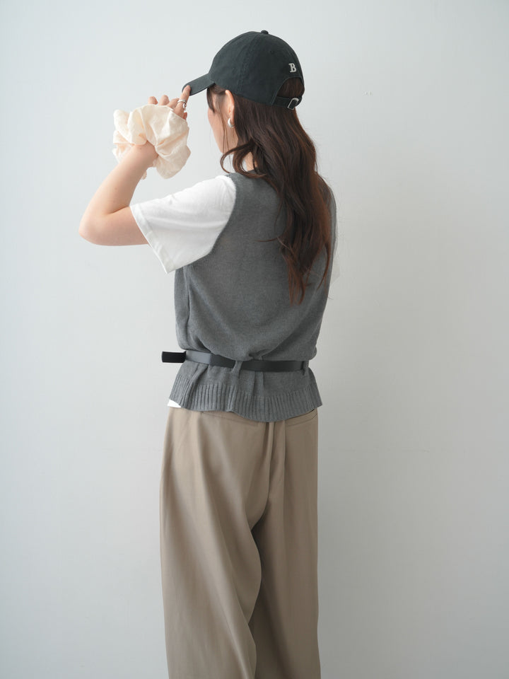 [SET]ベルト付ニットベストレイヤードデザイントップス+ツイルタックコクーンパンツ(2set)