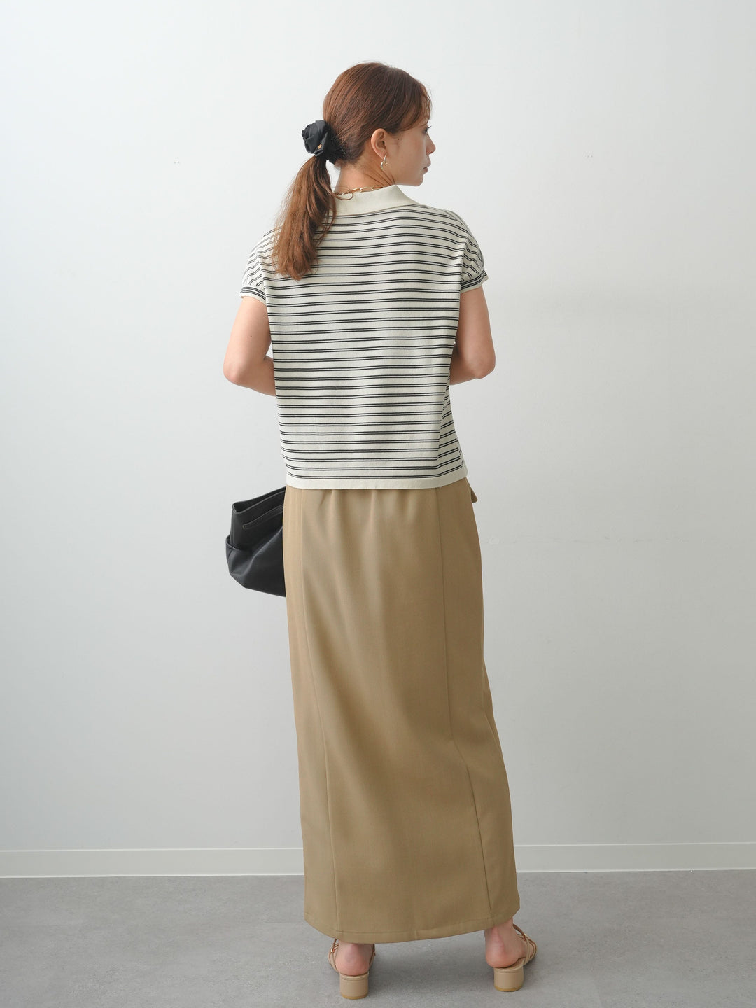 [SET]ポロニットボーダートップス+クレープデシンフラップ付きストレートスカート(2set)