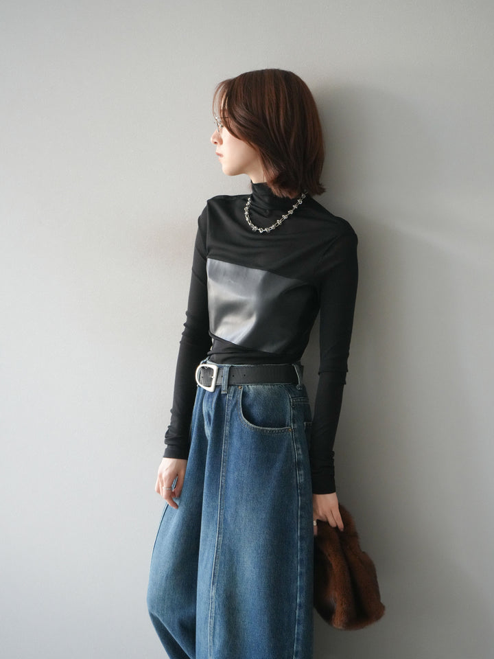 [予約]レザー切替プチネックシアートップス/black