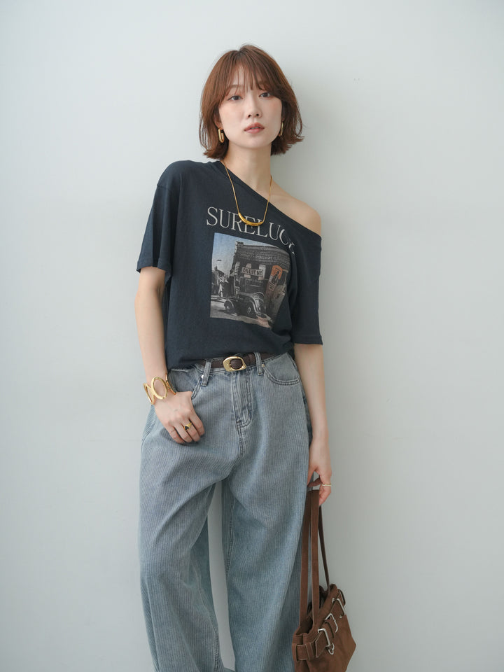 [SET]ワイドネックプリントTEE+ニュアンスウォッシュカーブデニム(2set)