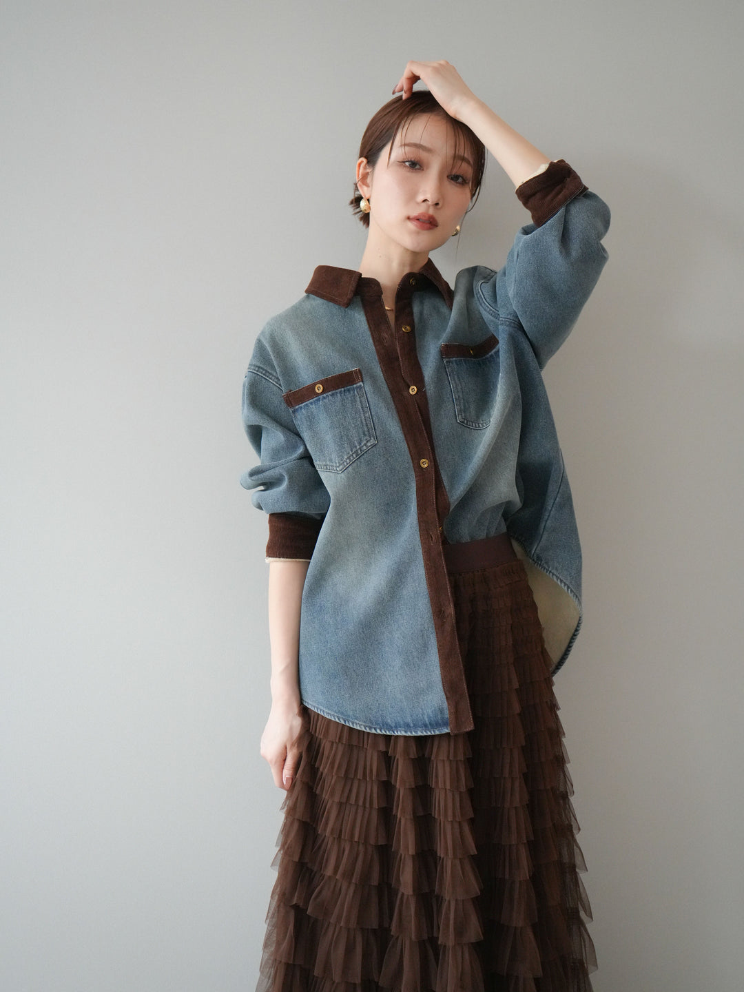 [予約]裏起毛コーデュロイ襟デニムシャツジャケット/ blue