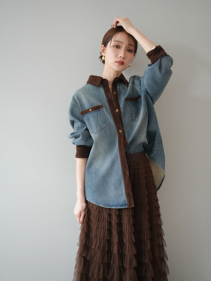 [予約]裏起毛コーデュロイ襟デニムシャツジャケット/ blue
