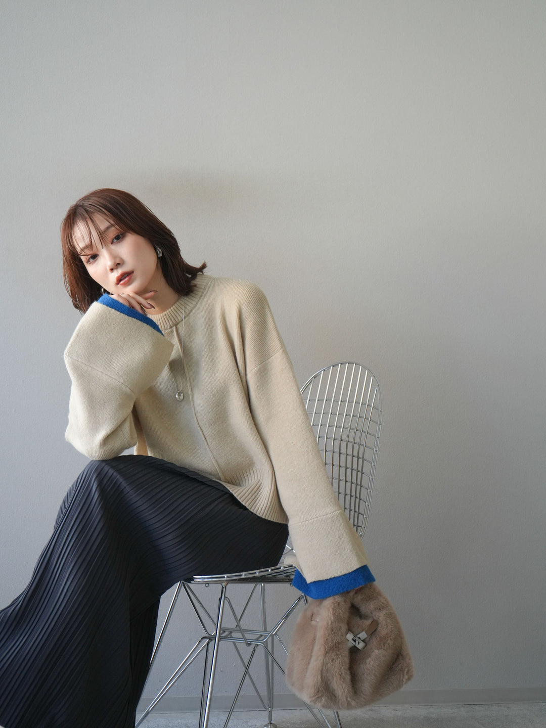 [予約]袖レイヤード配色ニットプルオーバー/ivory