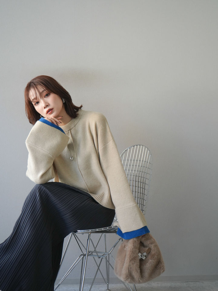 [予約]袖レイヤード配色ニットプルオーバー/ivory