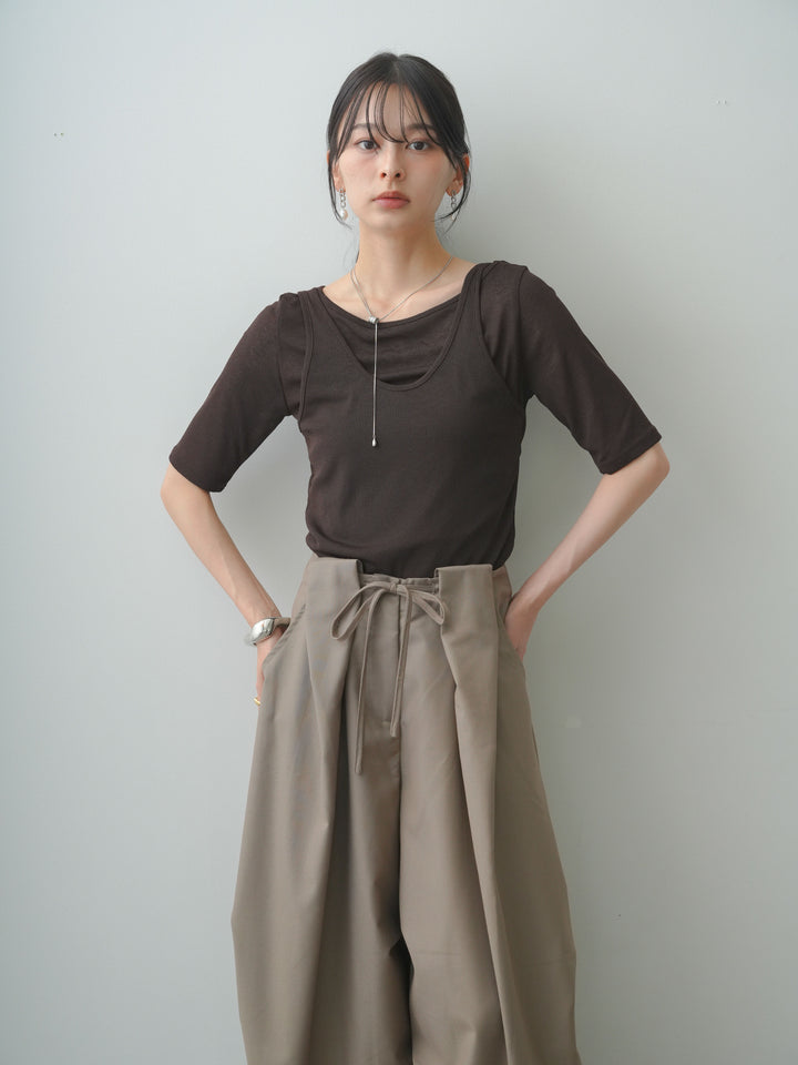 [SET]前後2wayシアーアシメレイヤード風TEE+ベルトループカーブタックワイドパンツ(2set)