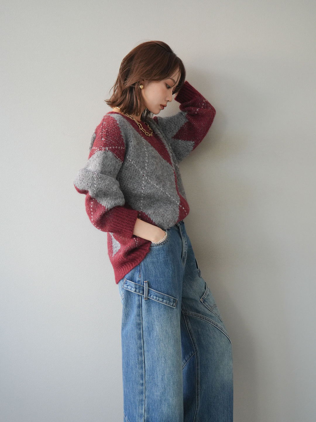 [予約]アーガイルオーバーニットプルオーバー/bordeaux