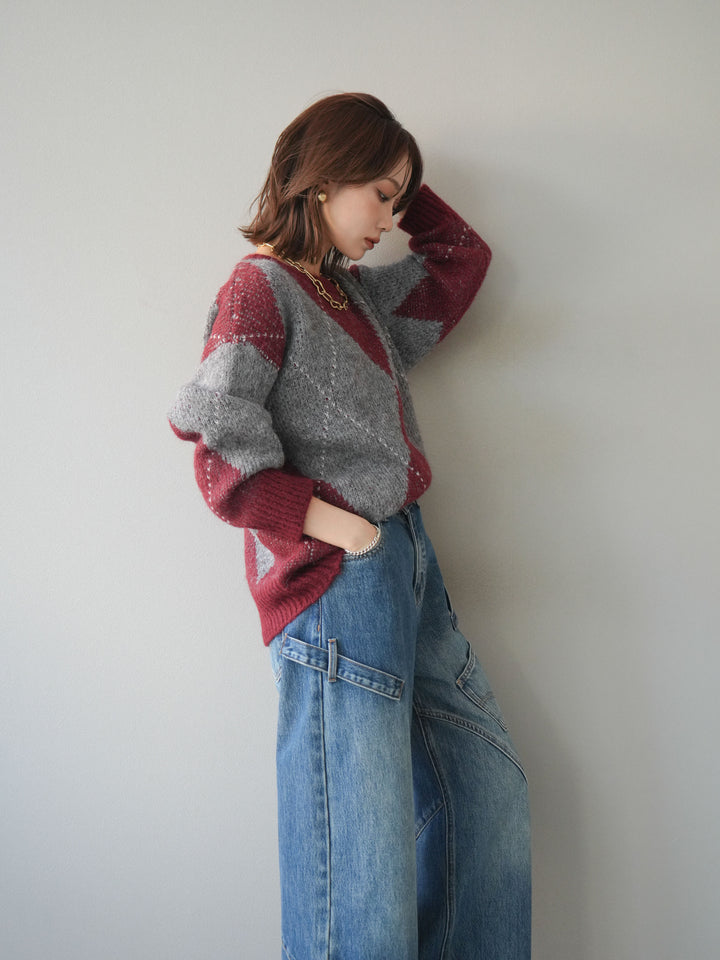 [予約]アーガイルオーバーニットプルオーバー/bordeaux