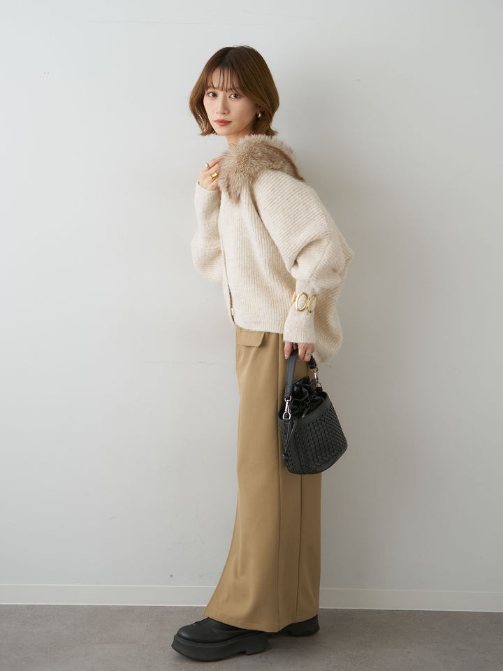 [SET]ファーカラードルマンリブニットカーディガン+クレープデシンフラップ付きストレートスカート(2set)