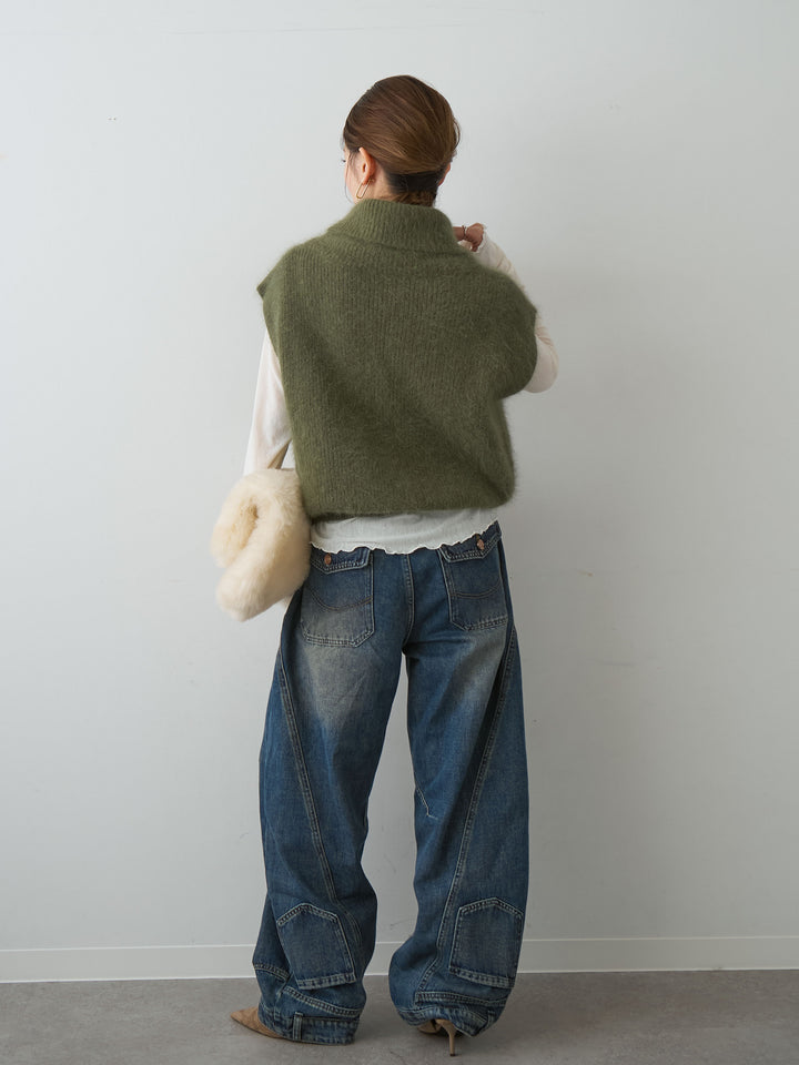 [SET]シャギータートルニットベスト+ヘムデザインワイドデニムパンツ(2set)