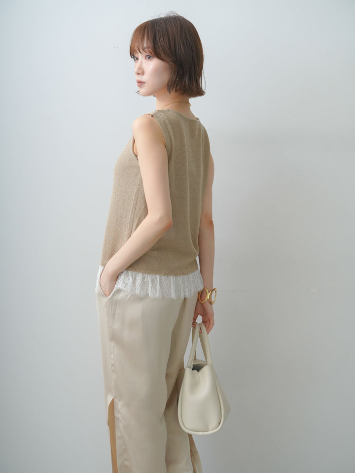 [予約]レースドッキングノースリニットトップス/beige