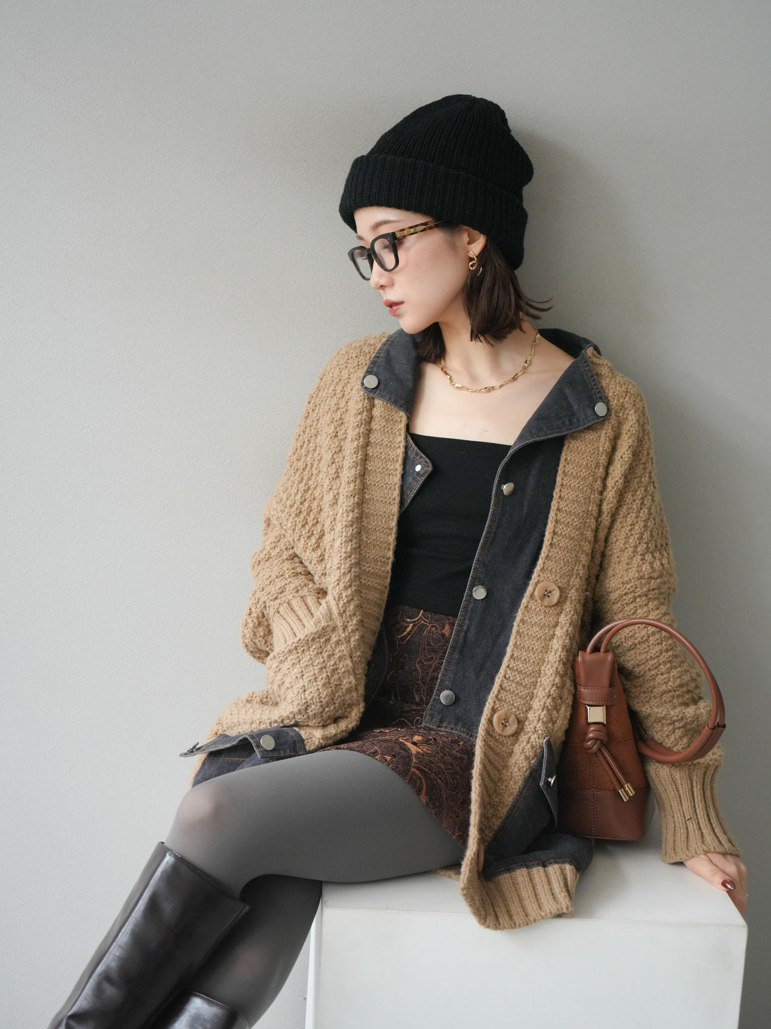 [SET]デニム襟レイヤードニットジャケット+デニム襟レイヤードニットジャケット(2set)