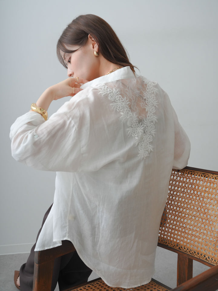 [SET]バックレースノーカラーシャツ+ベルトループデザインワイドパンツ(2set)