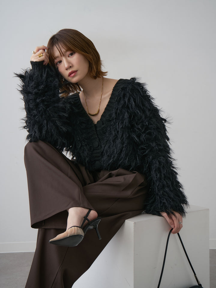 [SET]ループフェザークロップニットカーディガン+カップ付テレコリブベアキャミソール+ツイルタックワイドパンツ(3set)