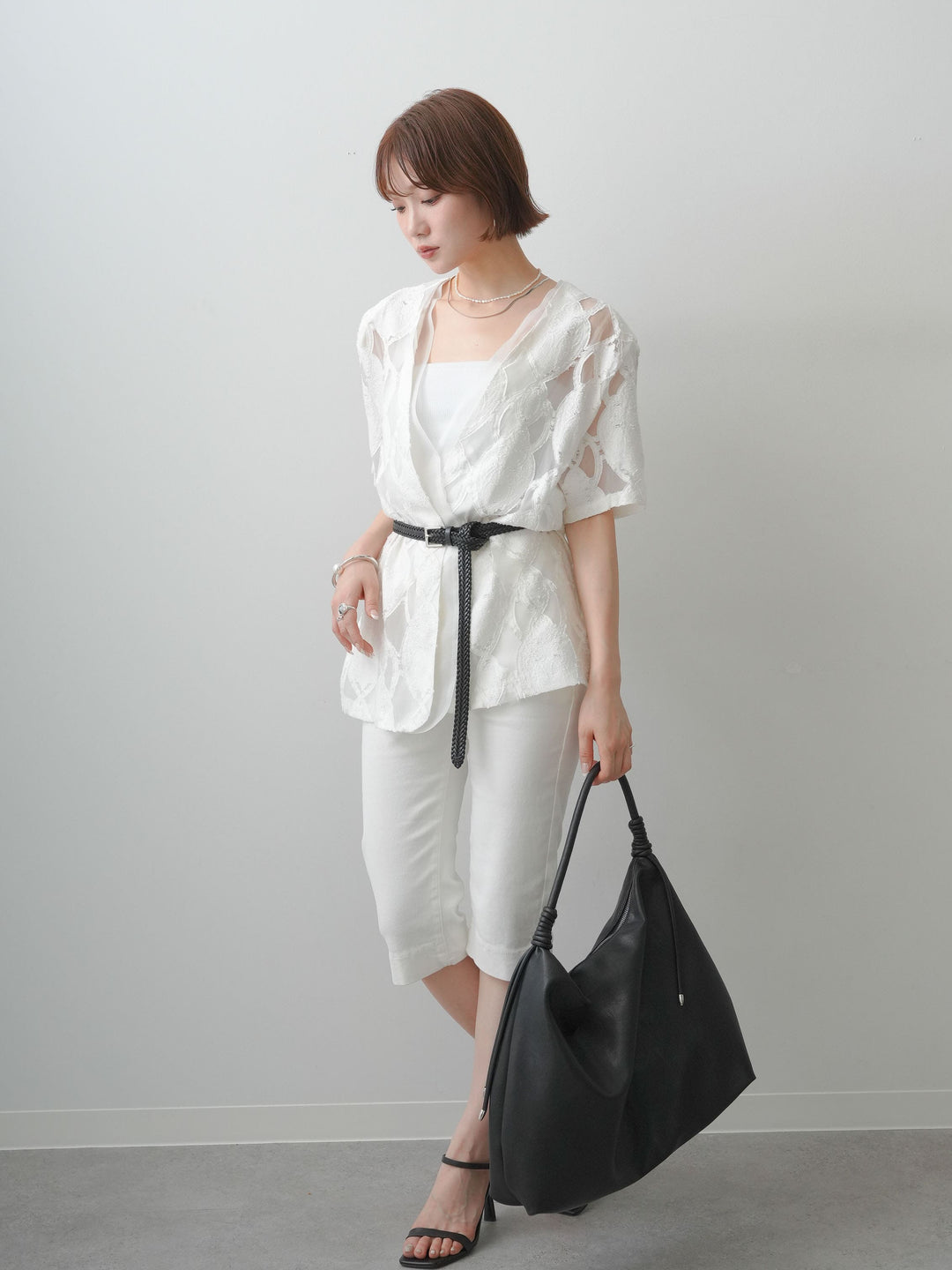 [SET]シアージャガードショルダーパッドハーフジャケット+カップ付テレコリブベアキャミソール+ストレッチカプリパンツ(3set)