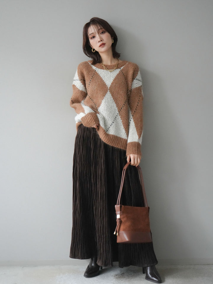 [SET]アーガイルオーバーニットプルオーバー+スエードワッシャープリーツスカート(2set)