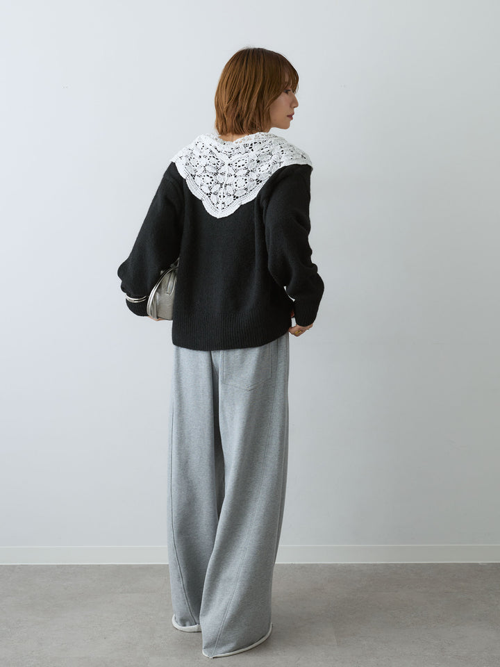 [SET]モヘアレースショールカラーカーディガン+カットオフスウェットワイドパンツ(2set)