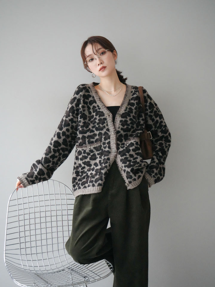 [予約]アニマル柄ステッチニットカーディガン/brown