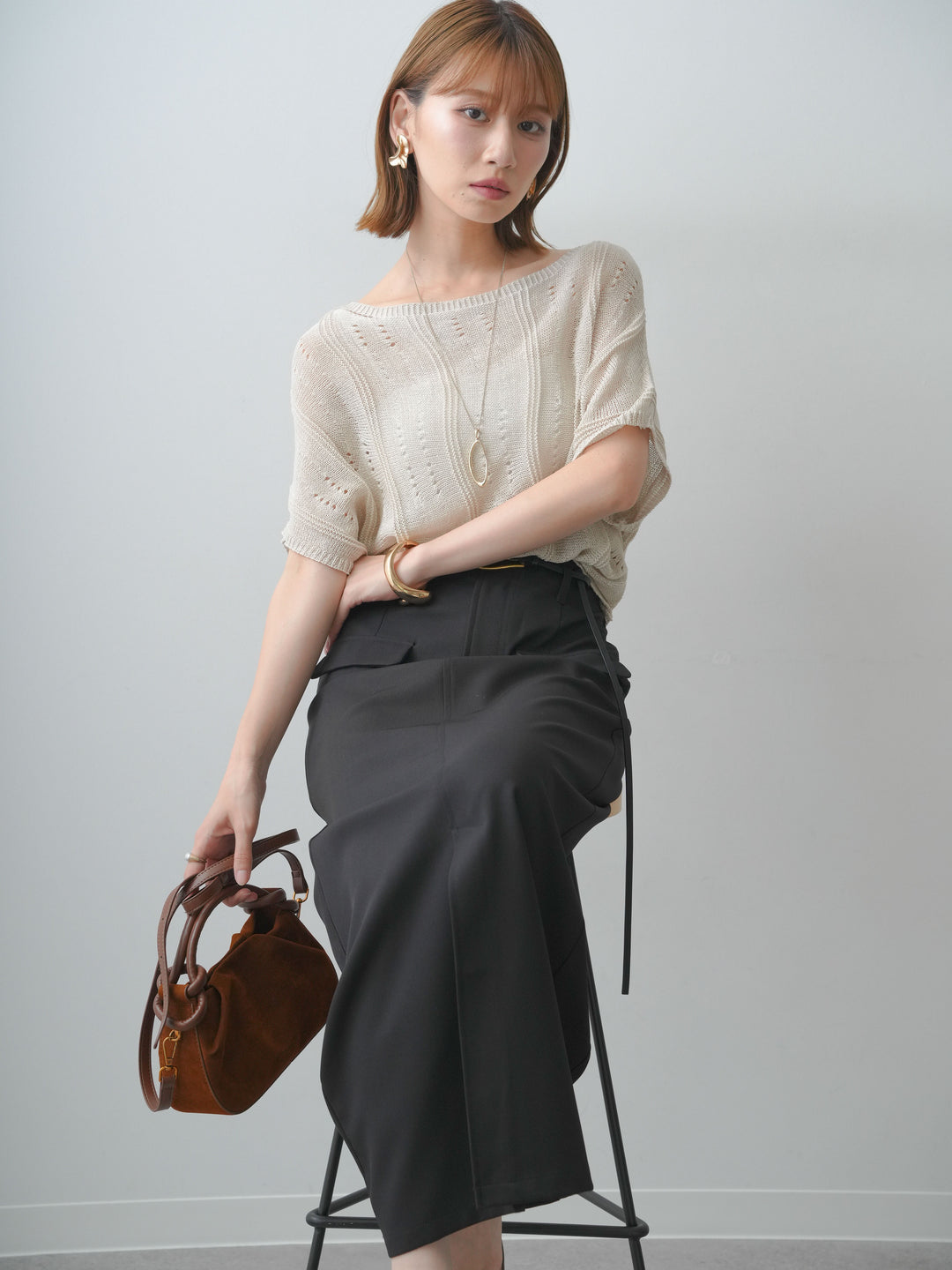 [SET]アイレットサマーニットトップス+クレープデシンフラップ付きストレートスカート(2set)