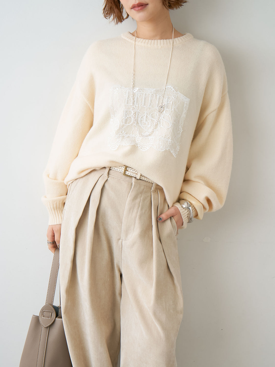 [SET]アルパカタッチ刺繍レースロゴニットプルオーバー+選べるアクセセット(2set)