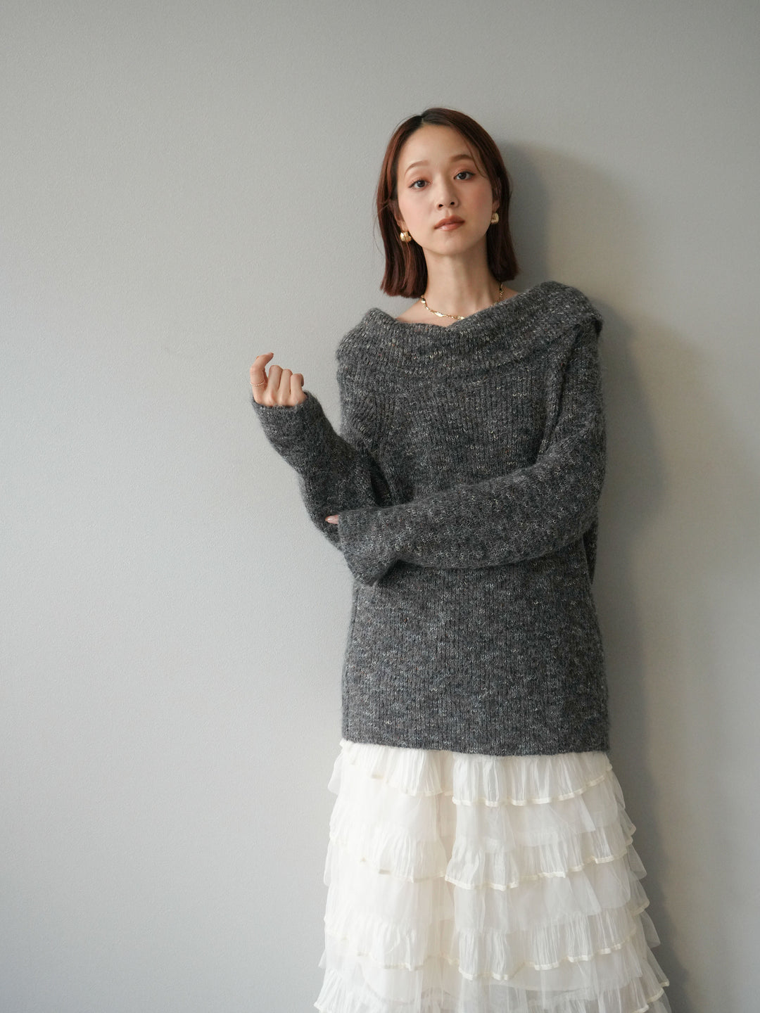 [予約]ミックスヤーンオフショルルーズニットプルオーバー/グレー