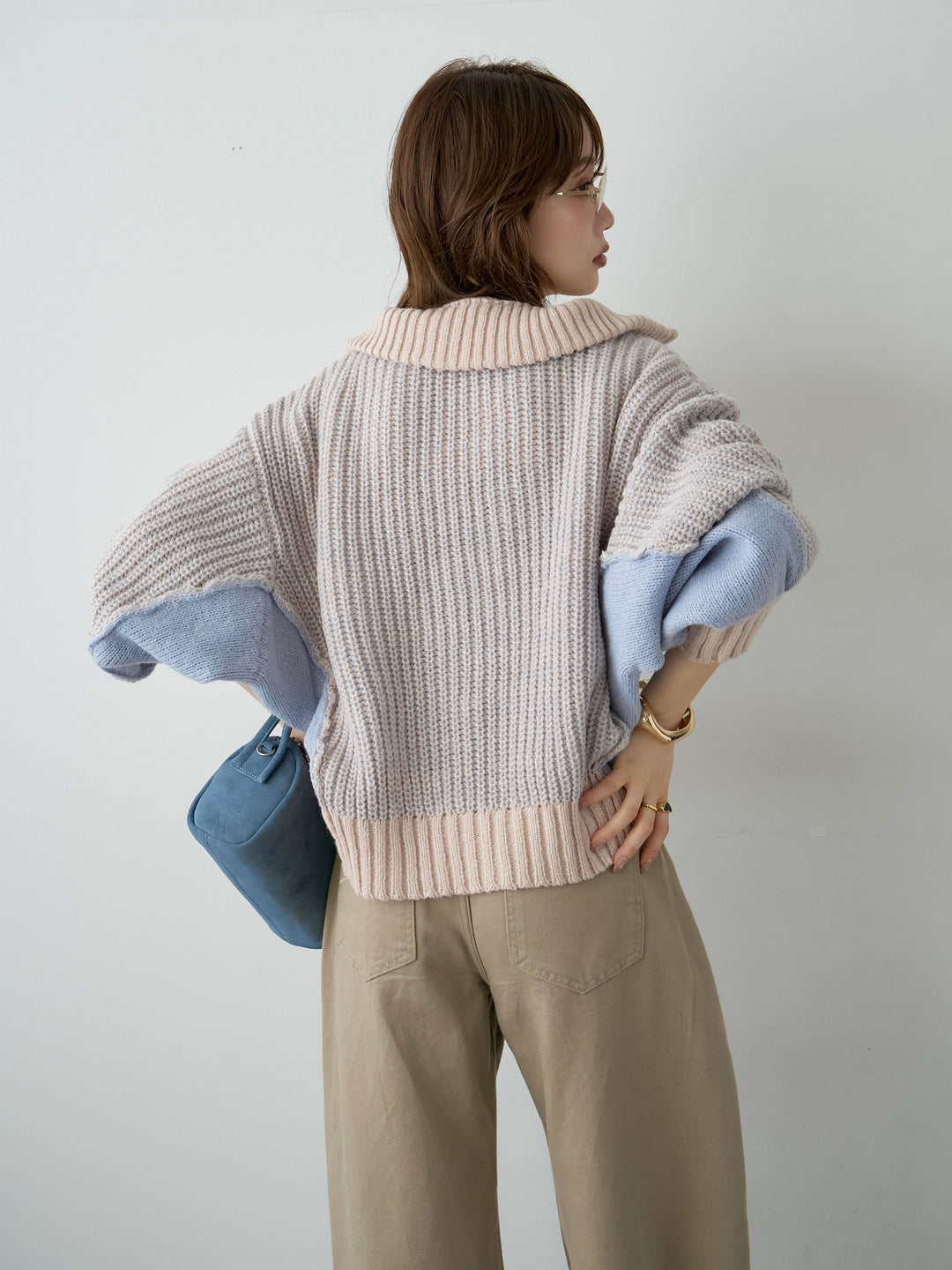 [SET]バイカラーハーフジップリブニットトップス+選べるアクセセット(2set)