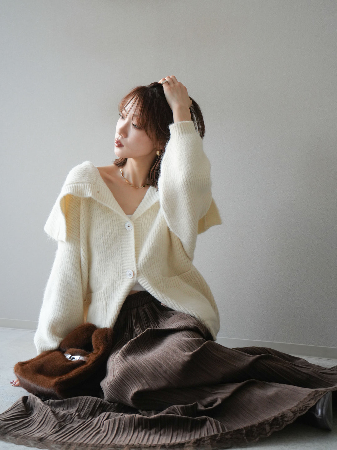 [予約]襟付きボタンオーバーニットカーディガン/ivory