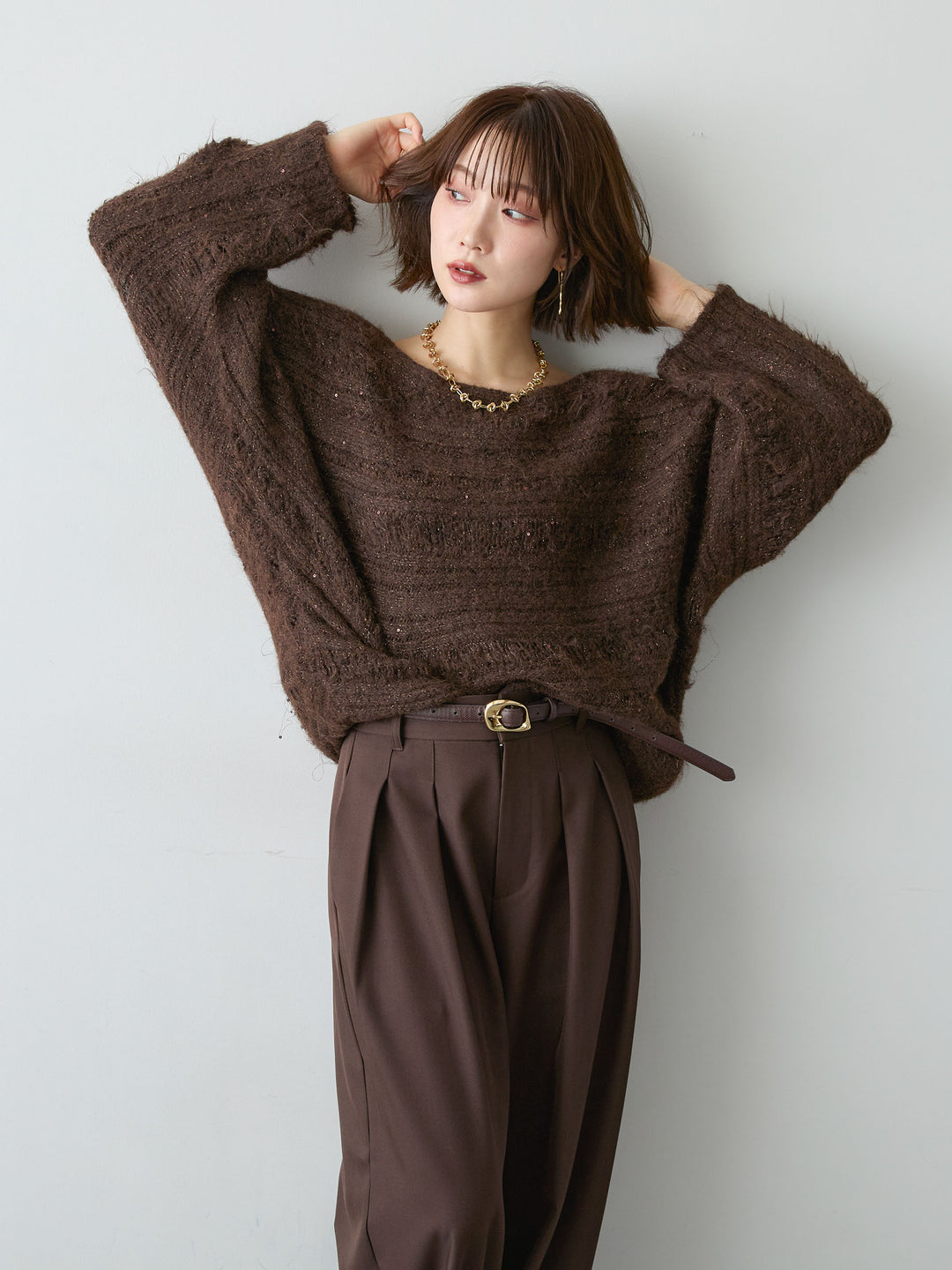 [予約]ミックス透かし編ワイドネックニットトップス/brown