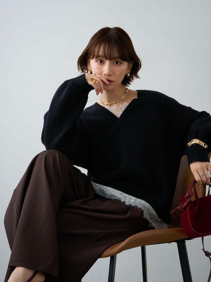 [SET]アルパカタッチレースドッキングVネックニットトップス+選べるアクセセット(2set)