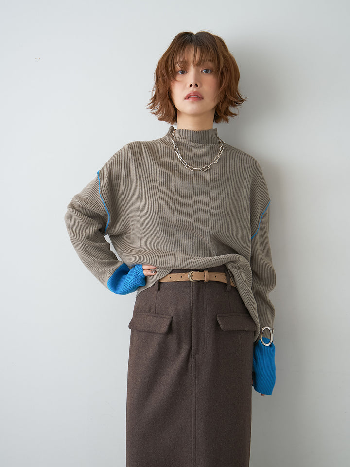 [SET]バイカラーモックネックリブニットトップス+メルトンフラップ付ストレートスカート(2set)