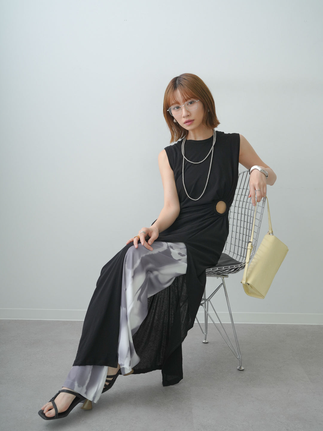 [予約]リングギャザースリットワンピース/black