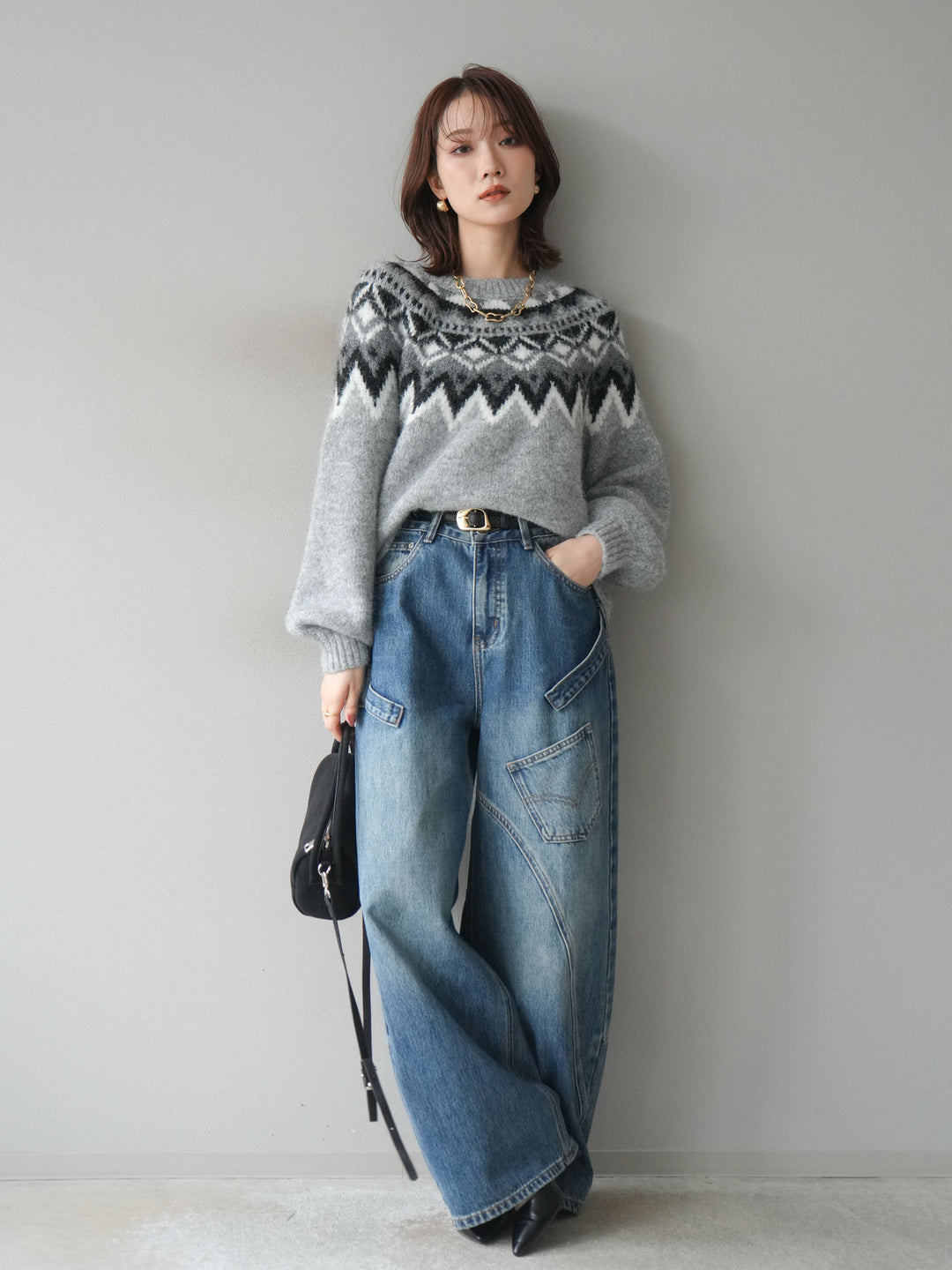[SET]求心柄オーバーニットプルオーバー+ペインターカーブデニムパンツ(2set)