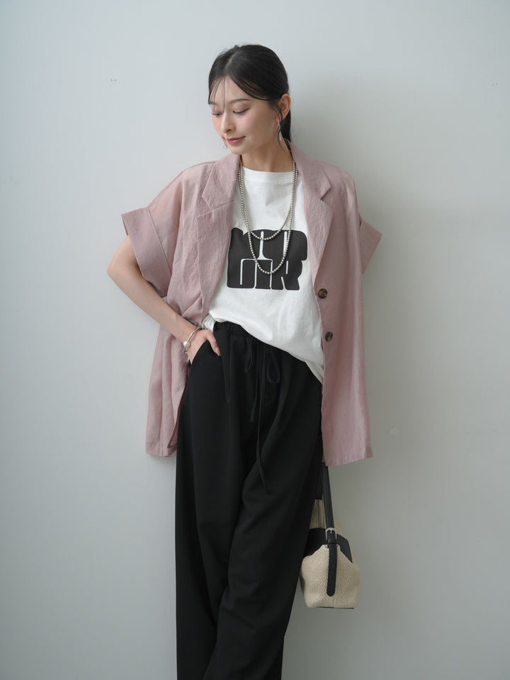 [SET]シアーオーバー半袖ジャケット+ショルダータックノースリーブオーバーTEE+リラックスドレープスウェットパンツ(3set)