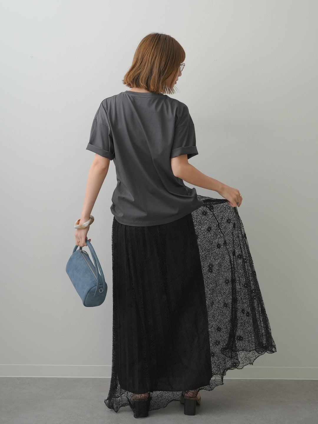 [SET]箔プリントボックスTEE+フローラルレースプリーツスカート(2set)