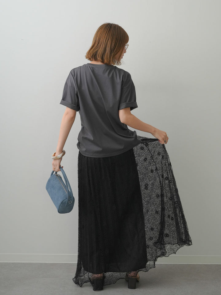 [SET]箔プリントボックスTEE+フローラルレースプリーツスカート(2set)